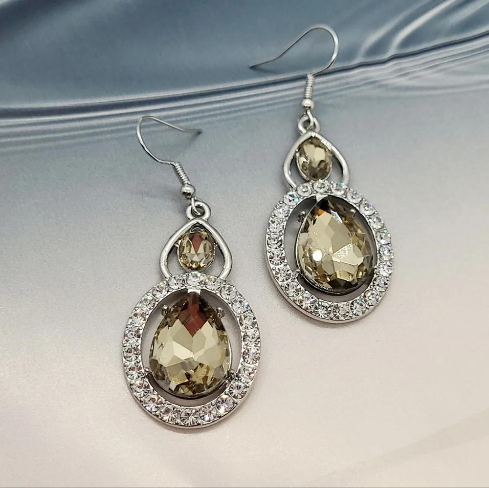 Vintage Champagne Crystal Silver Drop Earrings